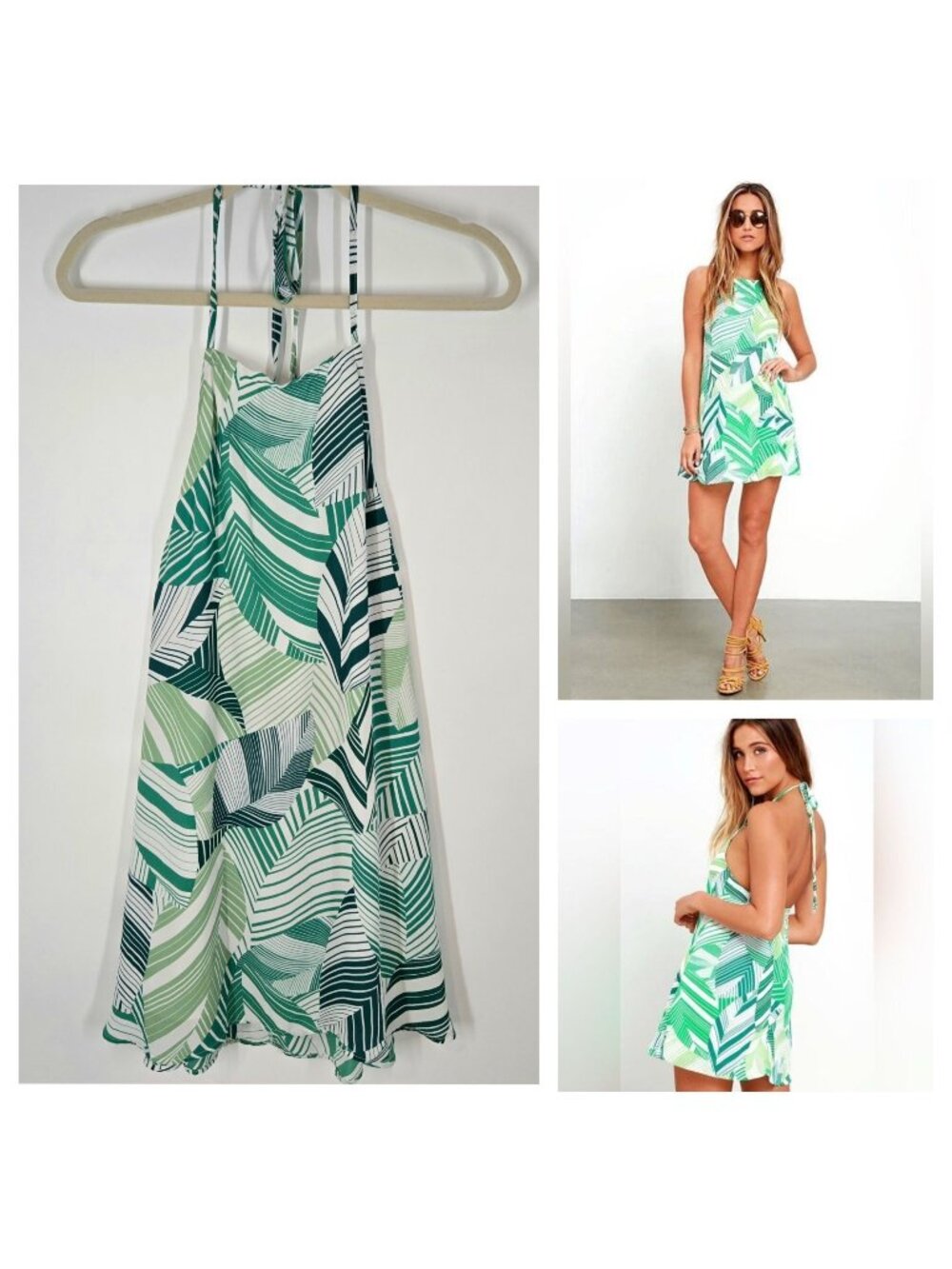 Lulus Leaf Print Halter Mini Dress Backless Tropical Beachy Women's Size Medium